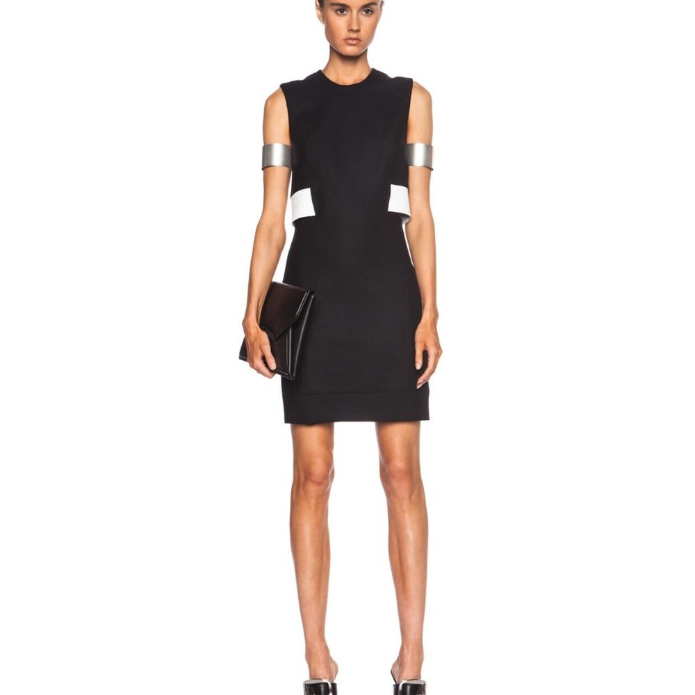 $500 helmut lang Flex Suit Leather Trim Crewneck CUTOUT BACK Dress BLACK WHITE 2